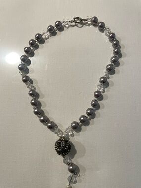 Silver Pearl and Crystal Pendant Necklace by
